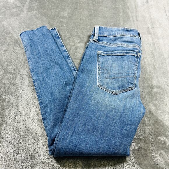 American Eagle Jegging Jeans Womens Sz.4 Short Blue Stretch‎ Mid-Rise Raw Hem - Picture 8 of 13